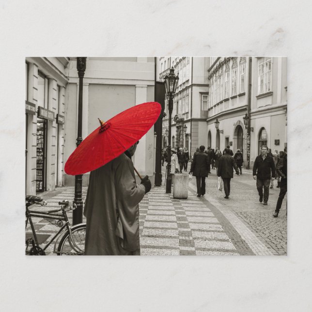 Röd paraplysvart och vit fotografi vykort (Framsida)
