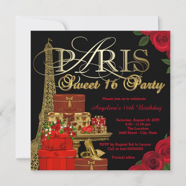 Röd Paris Sweet 16-fest Inbjudningar (Framsida)
