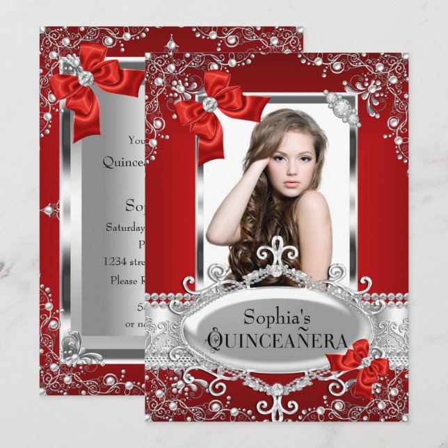 Röd pärla & sidenbåge Glamour Quinceanera Inbjudningar (Fram/baksida)