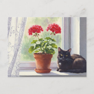 Röd Pelargon och Svart Katt Postkort Vykort