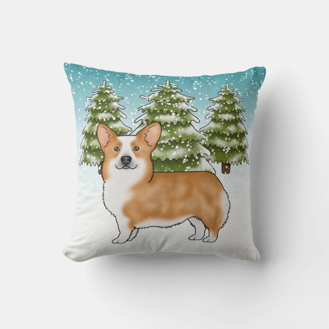 Röd Pembroke Welsh Corgi Blå Jul Vinter Kudde (Framsida)