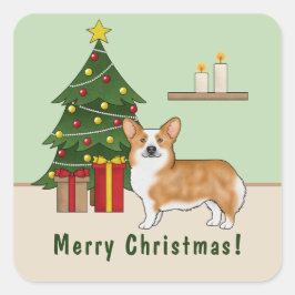 Röd Pembroke Welsh Corgi Hund Och Julgran Fyrkantigt Klistermärke