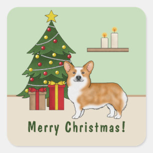 Röd Pembroke Welsh Corgi Hund Och Julgran Fyrkantigt Klistermärke