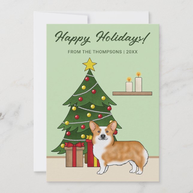 Röd Pembroke Welsh Corgi Hund Och Julgran Julkort (Framsida)