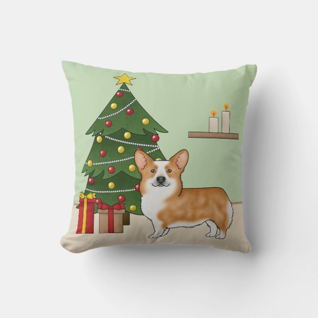 Röd Pembroke Welsh Corgi Hund Och Julgran Kudde (Framsida)