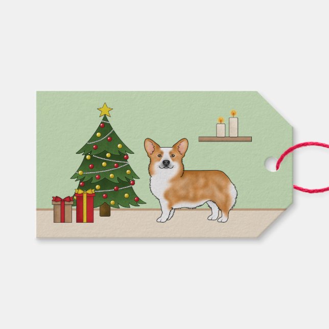 Röd Pembroke Welsh Corgi Hund Och Julgran Presentetikett (Framsidan (Horisontell))