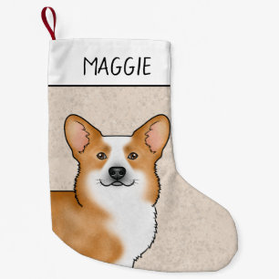 Röd Pembroke Welsh Corgi huvudporträtt och namn Liten Julstrumpa
