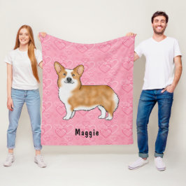 Röd Pembroke Welsh Corgi På Rosa Hjärtan Med Namn Fleecefilt