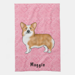 Röd Pembroke Welsh Corgi På Rosa Hjärtan Med Namn Kökshandduk