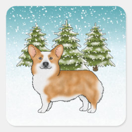 Röd Pembroke Welsh Corgi Vinter Skog Jul Fyrkantigt Klistermärke