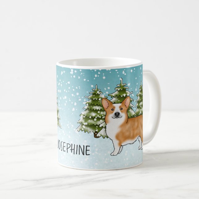 Röd Pembroke Welsh Corgi Vinter Skog Jul Kaffemugg (Framsida höger)