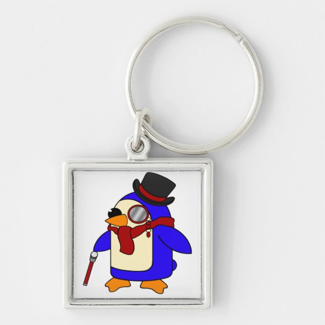Röd penguin fyrkantig silverfärgad nyckelring (Framsidan)