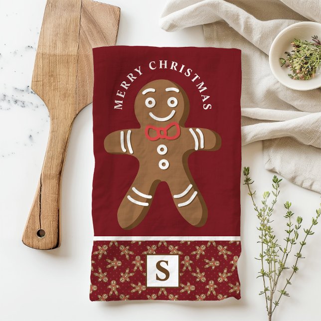 Röd pepparkaksgubbe monogram God Jul Kökshandduk (Skapare uppladdad)