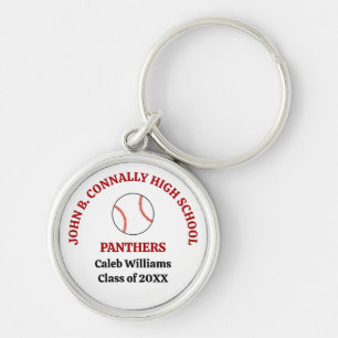 Röd personlig baseballspelare på gymnasiet rund silverfärgad nyckelring