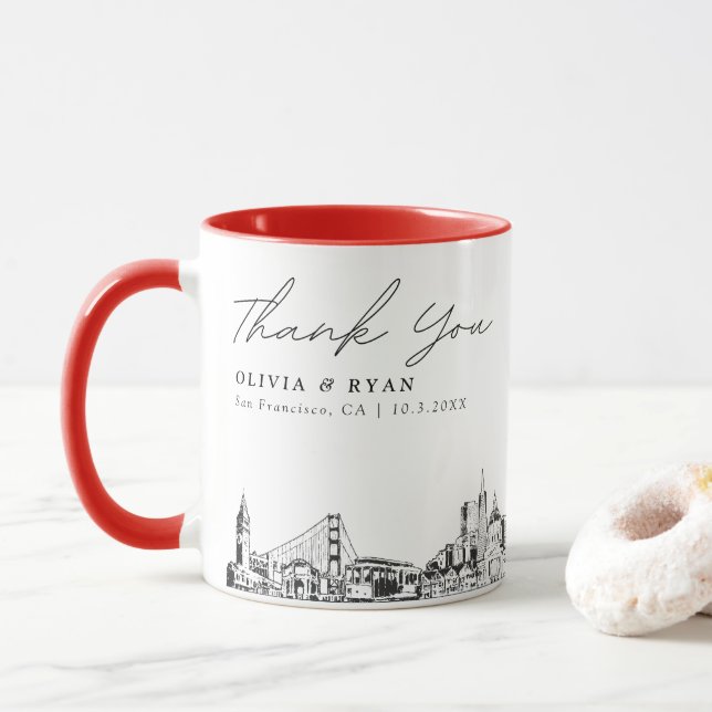 Röd personlig kaffemugg för bröllop i San Francisc (Med munk)