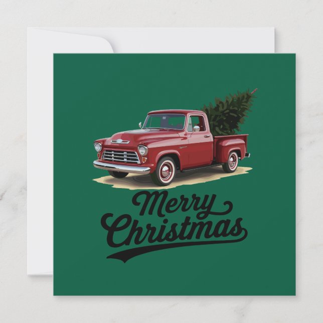Röd Pickup Lastbil Julgran Vintage Xmas Julkort (Framsida)