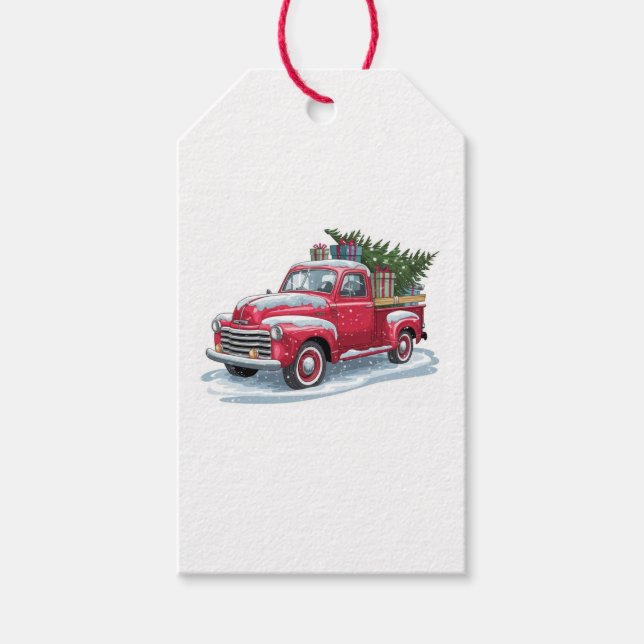 Röd Pickup och Julgran Presentetikett (Framsidan)