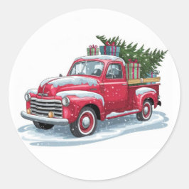 Röd pickup och julgran runt klistermärke