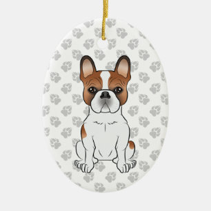 Röd Piebald Fransk Bulldogg Söt Tecknad Hund & Tex Julgransprydnad Keramik