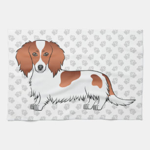 Röd Piebald Långhårig Dachshund Tecknad Hund & Tas Kökshandduk