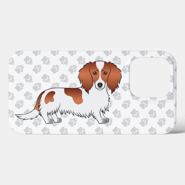 Röd Piebald Långhårig Dvärghund Tecknad Hund & Tas (Baksida (horisontell))