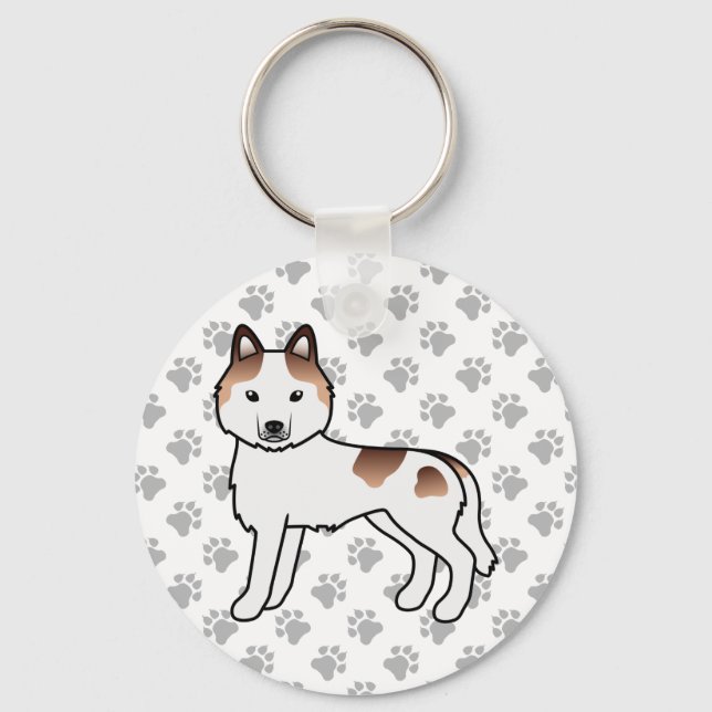 Röd Piebald Siberian Husky Tecknad Hund & Tassar Nyckelring (Framsida)