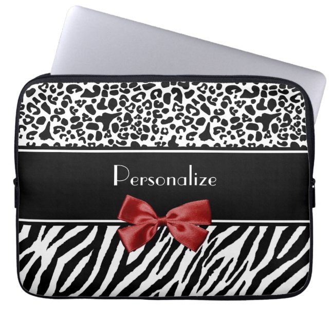Röd pilbåge för moderiktig svartvit Leopardzebra Laptop Sleeve (Framsidan)