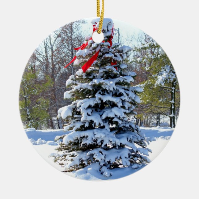 Röd pilbågeevergreen julgransprydnad keramik (Framsidan)