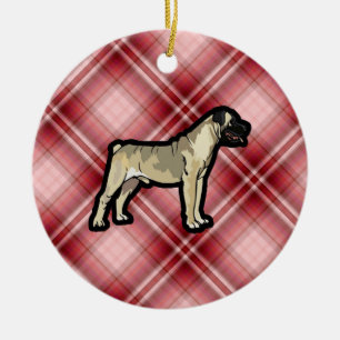 Röd pläd Bullmastiff Julgransprydnad Keramik