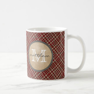 Röd plädbakgrundsmonogram kaffemugg