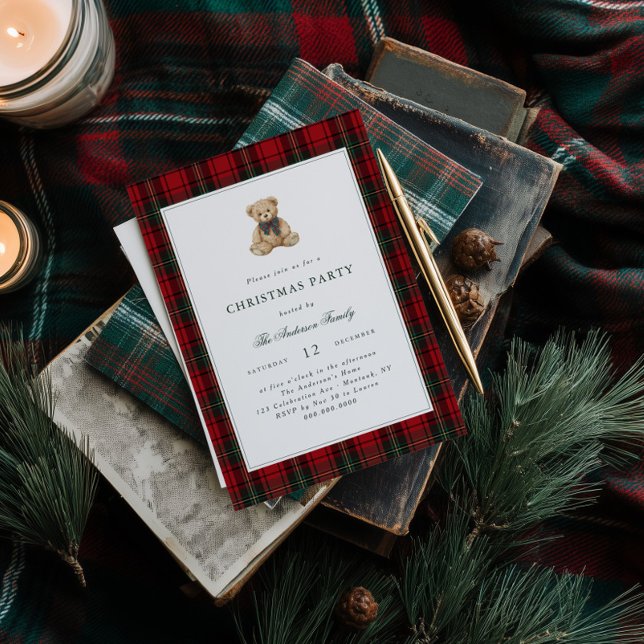 Röd Plaid Nallebjörn Julfest Inbjudningar (Skapare uppladdad)