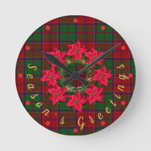 Röd Plaid Tartan Poinsettia Jul Rund Klocka