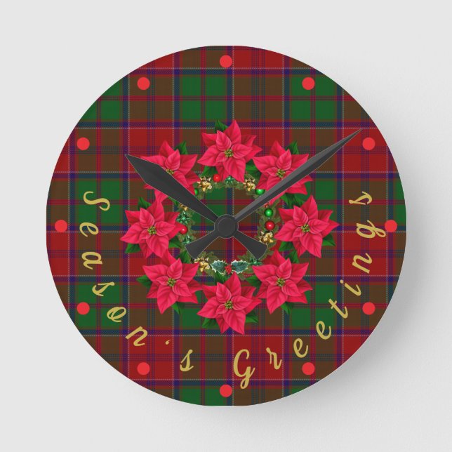 Röd Plaid Tartan Poinsettia Jul  Rund Klocka (Framsida)