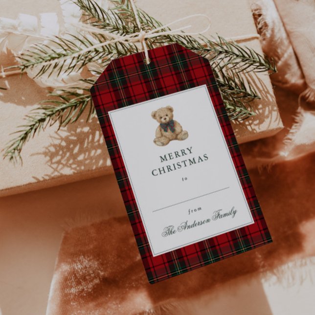 Röd Plaid Teddybjörn Jul Presentetikett (Skapare uppladdad)