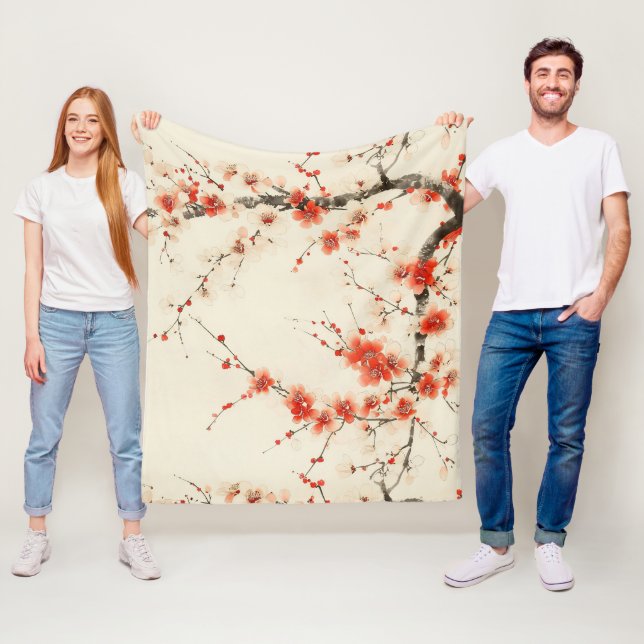 Röd Plommonblom Vattenfärg - Orientalisk Blommig K Fleecefilt (På plats)