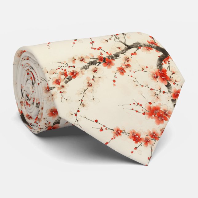 Röd Plommonblom Vattenfärg - Orientalisk Blommig K Slips (Rullad)