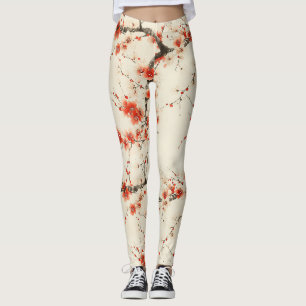 Röd Plommonblomst Vattenfärg - Orientalisk Blommig Leggings