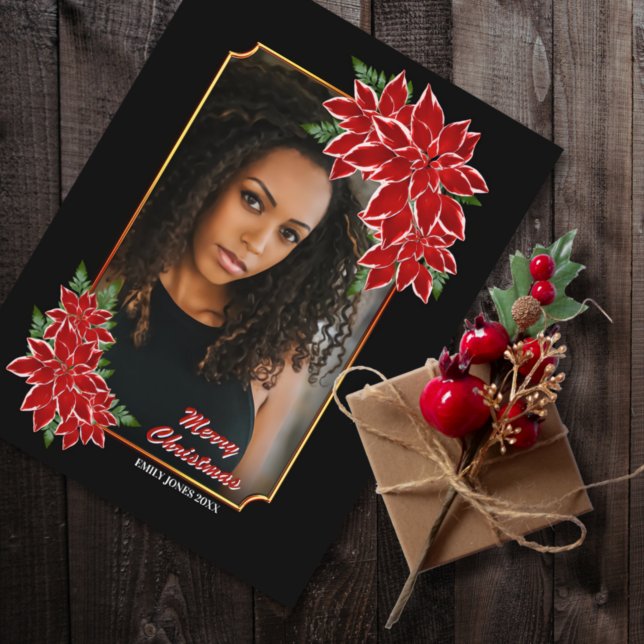 Röd Poinsettia Anpassad Foto Svart Kant Jul Helg Vykort (Skapare uppladdad)