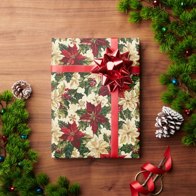 Röd poinsettia blommar på en vit bakgrund presentpapper (Julgåva)