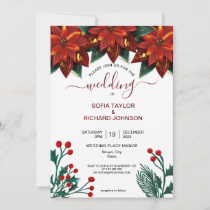 Röd Poinsettia Blommig Jul Aquarell Bröllop Inbjudningar