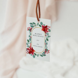 Röd Poinsettia Holiday Floral Monogram Presentetikett