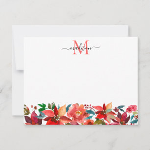 Röd Poinsettia Jul Blommig Monogram Högtid Anteckningskort