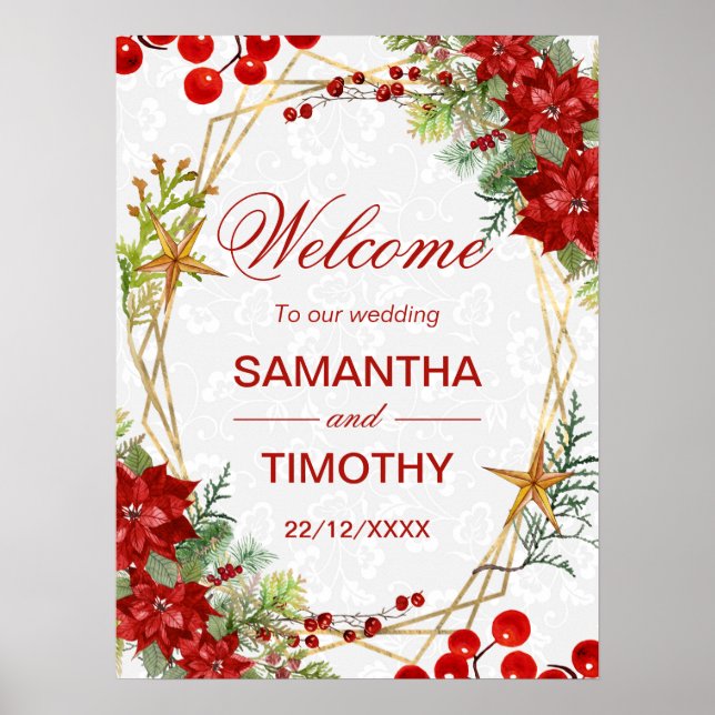 Röd Poinsettia Jul Bröllop Välkomstskylt Poster (Framsidan)