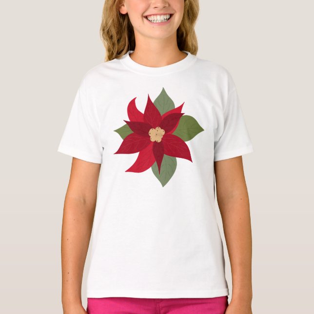 Röd Poinsettia Julbarn T-Shirt (Framsida)