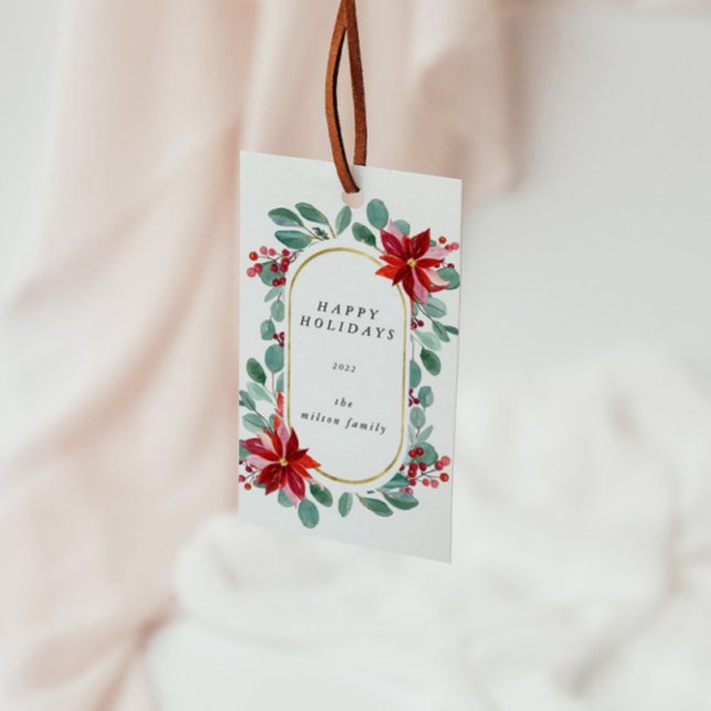 Röd Poinsettia Julblomsmonogram Presentetikett (Skapare uppladdad)