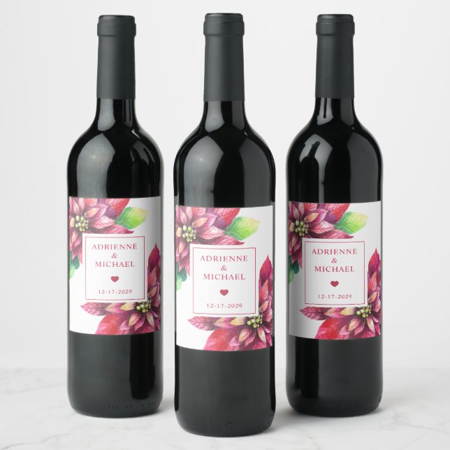 Röd Poinsettia Julbröllop  Vinflaska Etikett (Flaskor)