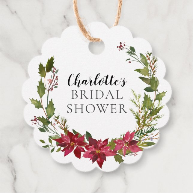 Röd Poinsettia Krans Bröllopsdusch Gåvor Etiketter (Baksida)