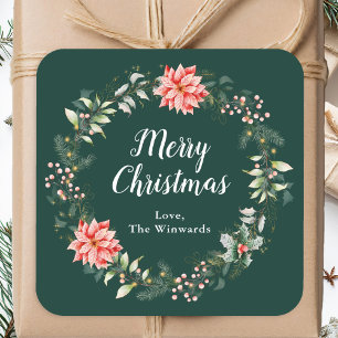 Röd Poinsettia Krans God Jul Fyrkantigt Klistermärke