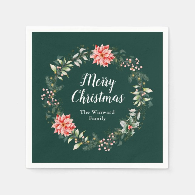 Röd Poinsettia Krans God Jul Pappersservett (Framsidan)