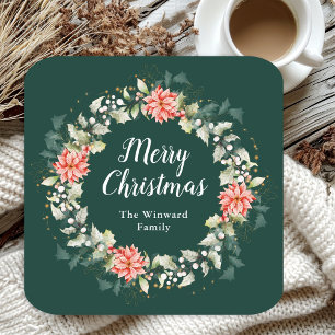 Röd Poinsettia Krans God Jul Underlägg Papper Kvadrat